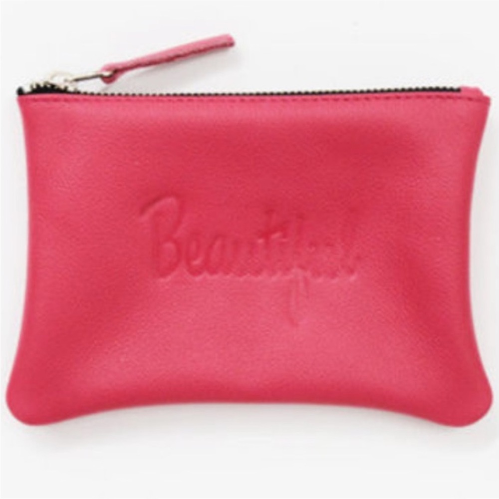 Jesse and Co Handcrafted Pink Leather Zippered Pouch Embossed “BEAUTIFUL” USA